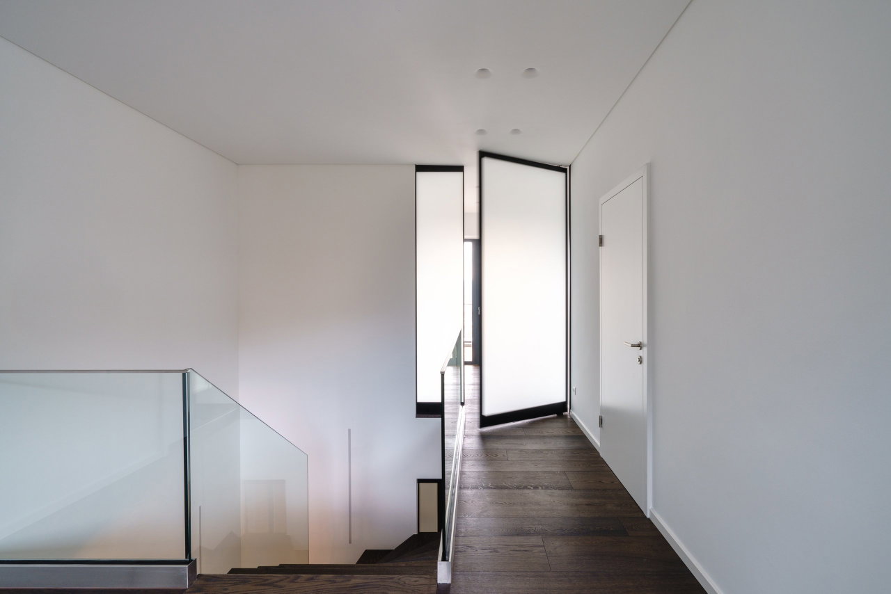 Steel and glass pivot door in a private home in Graz with FritsJurgens System M pivot hinge system inside