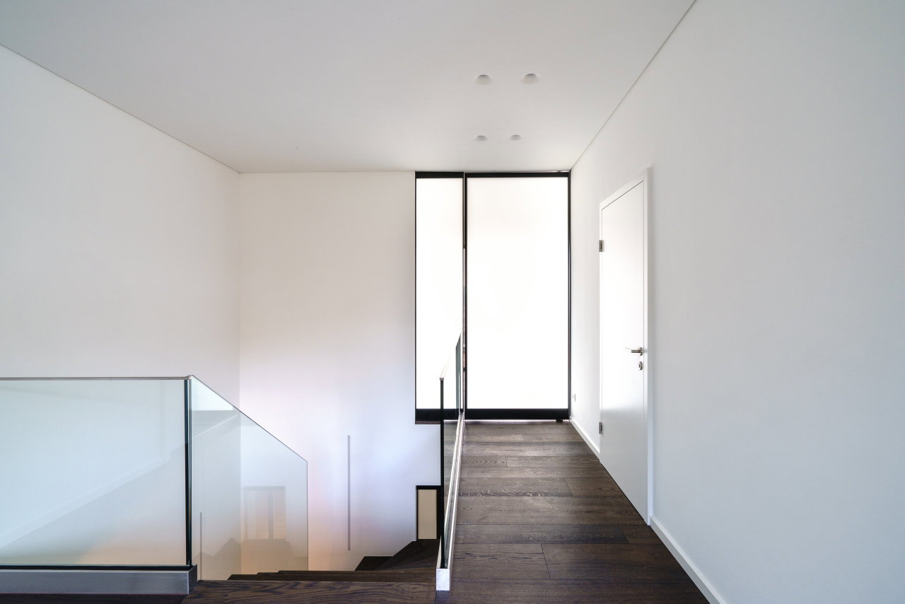 Steel and glass pivot door in a private home in Graz with FritsJurgens System M pivot hinge system inside