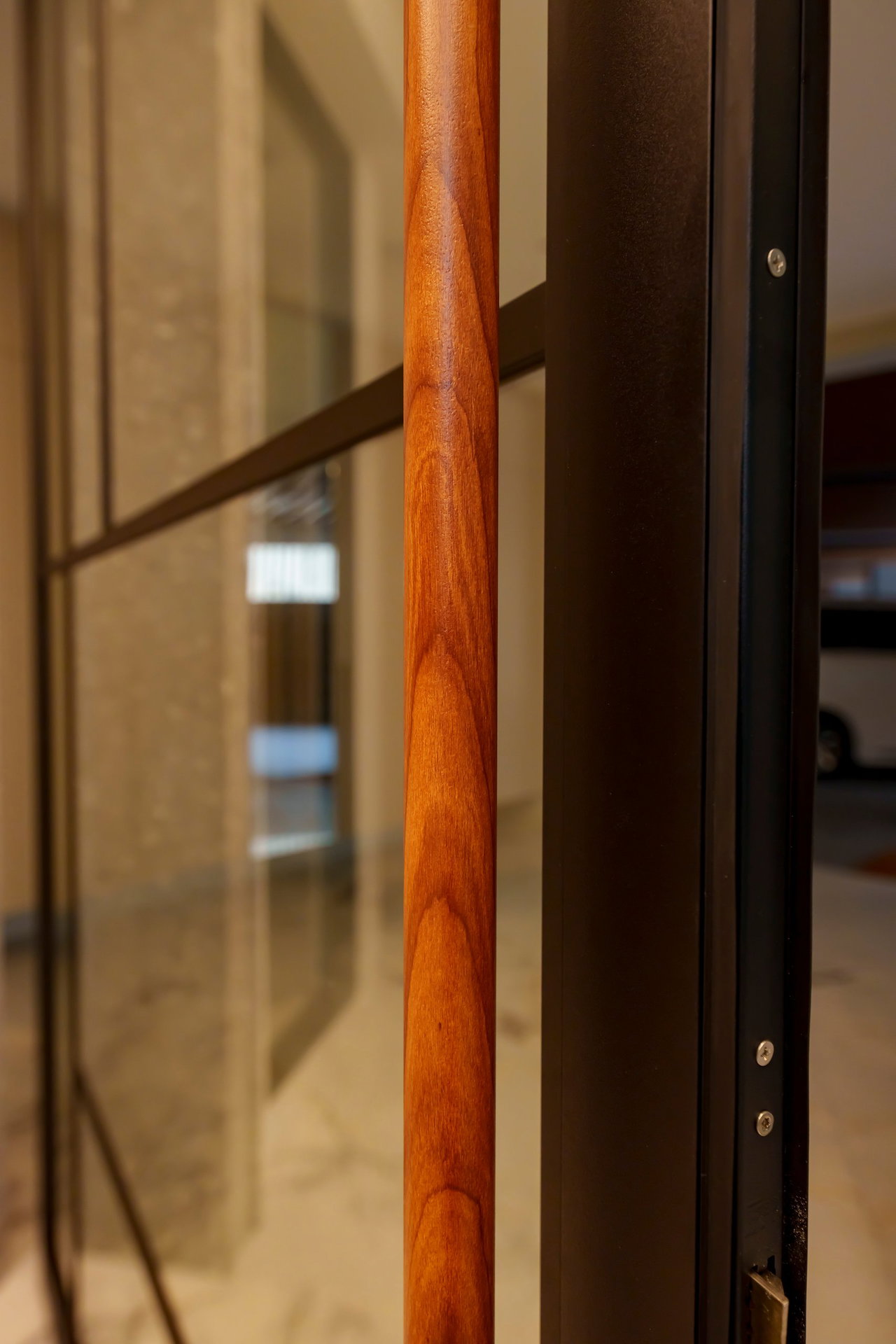 Steel and glass pivot door in a private home in Sierramas with FritsJurgens System M+ pivot hinge system inside