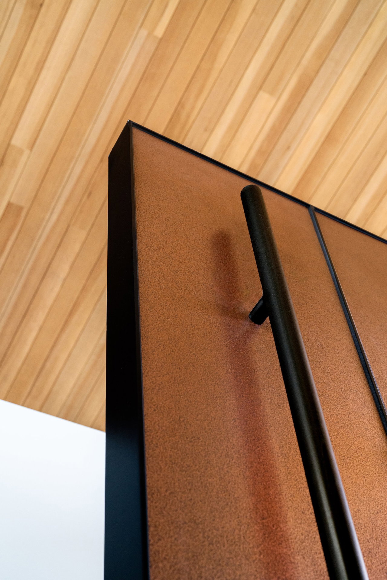 Steel pivot door in a private home in Paradise Valley with FritsJurgens System M+ pivot hinge system inside