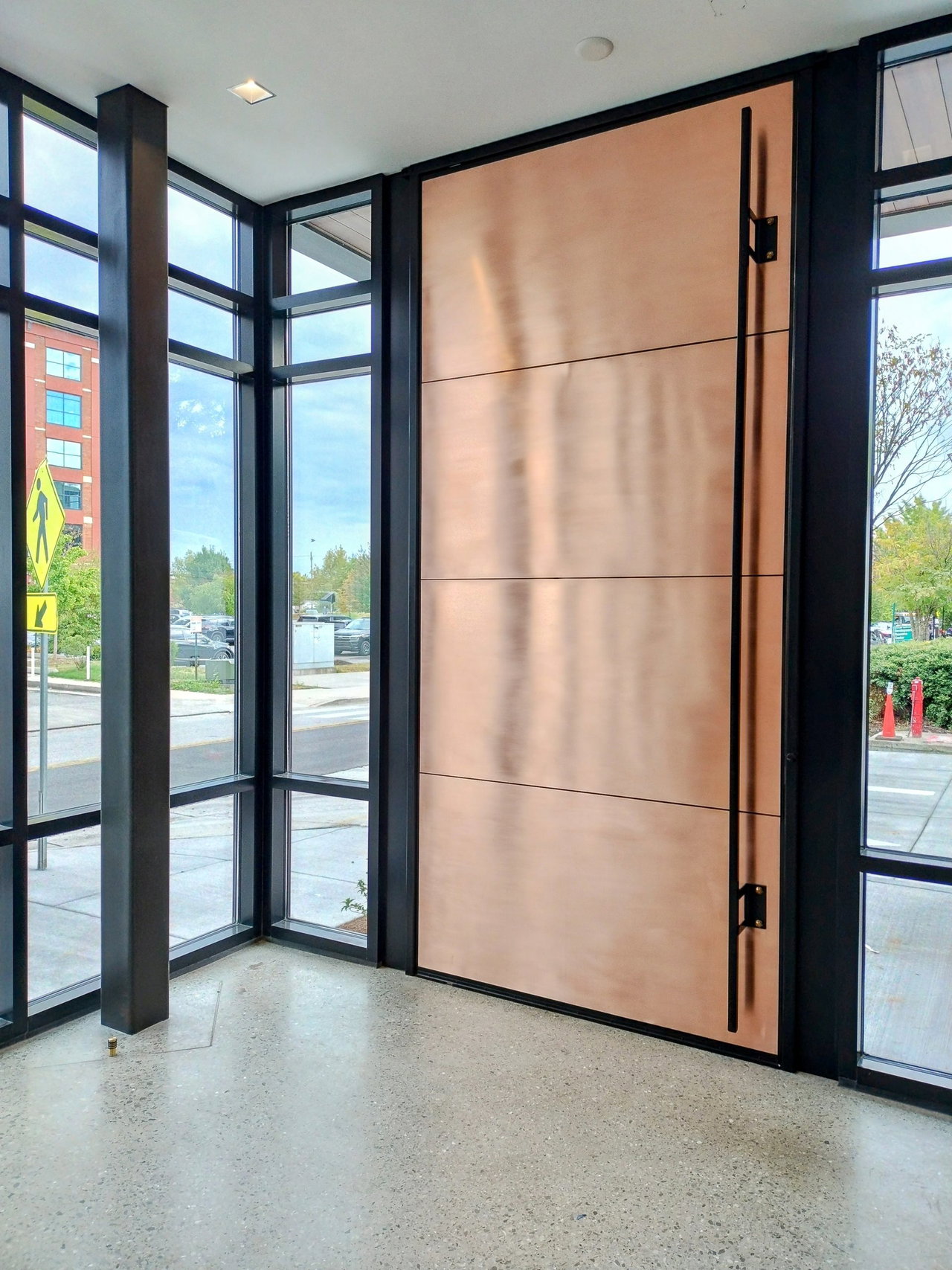 Composite pivot door in an office in Chattanooga with FritsJurgens System M+ pivot hinge system inside