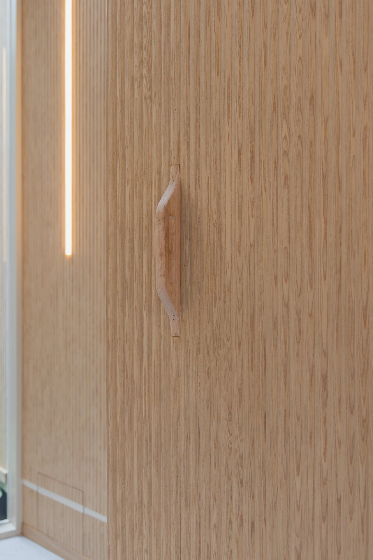 Wooden pivot door in a private home in Amsterdam with FritsJurgens System One pivot hinge system inside