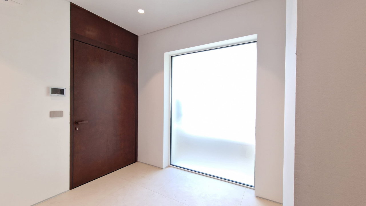 Steel pivot door in a private home in Osijek with FritsJurgens System One pivot hinge system inside