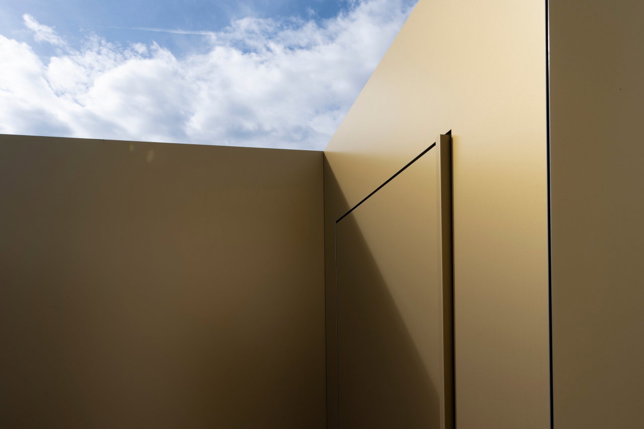Pivottür aus Aluminium in einem Privathaus in Neunkirchen mit FritsJurgens System M+ Pivot-Scharniersystem im Inneren
