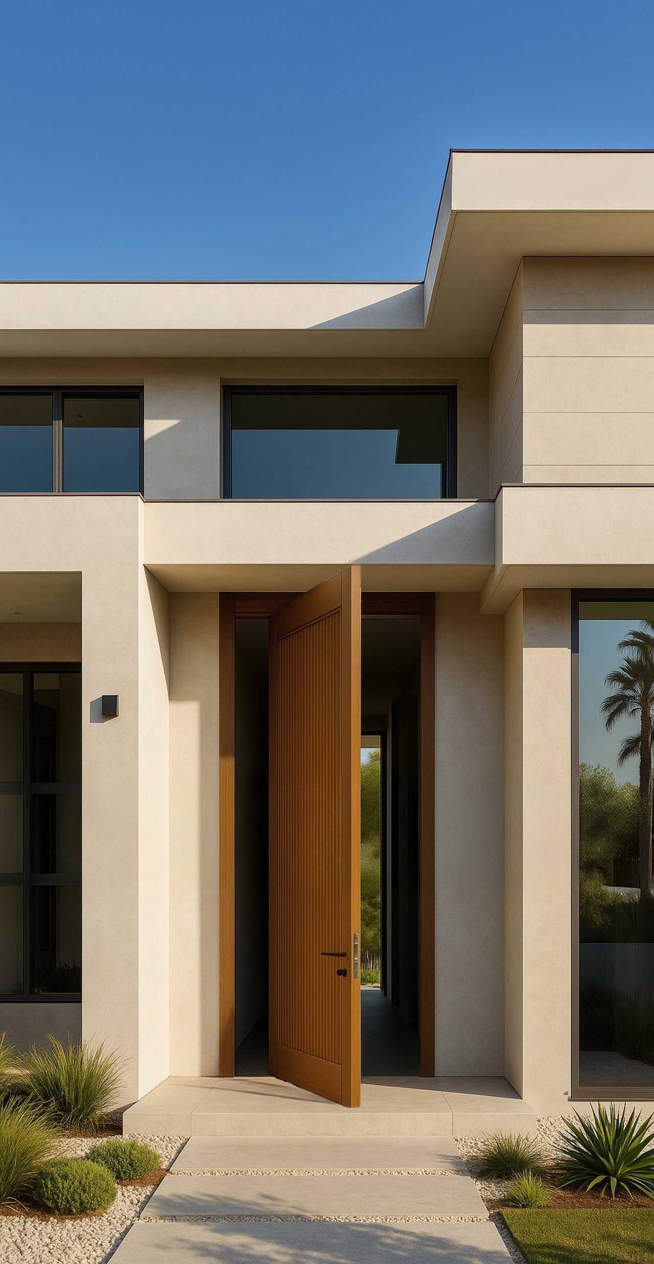 Wooden pivot door in a private home in Nassau with FritsJurgens System M+ pivot hinge system inside