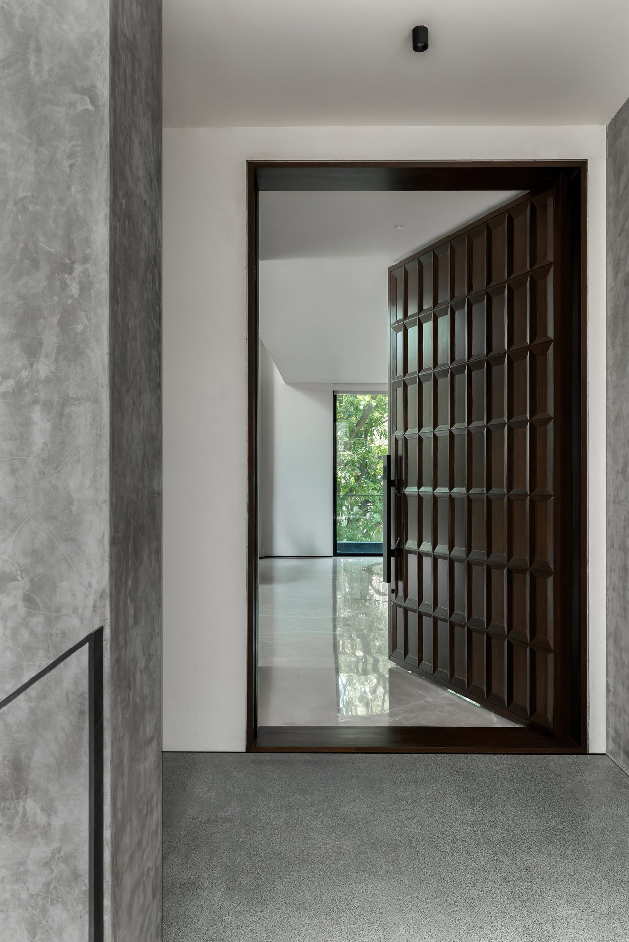 Wooden pivot door in a private home in Bangalore with FritsJurgens System M+ pivot hinge system inside