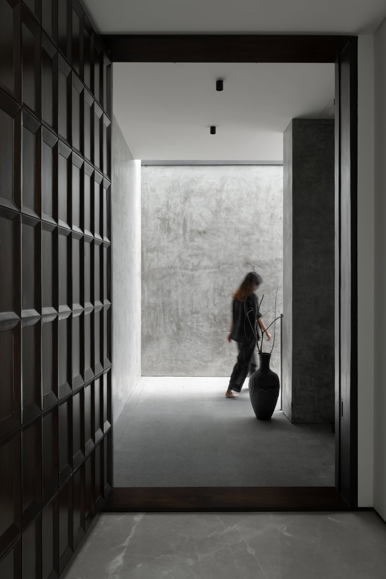 Wooden pivot door in a private home in Bangalore with FritsJurgens System M+ pivot hinge system inside