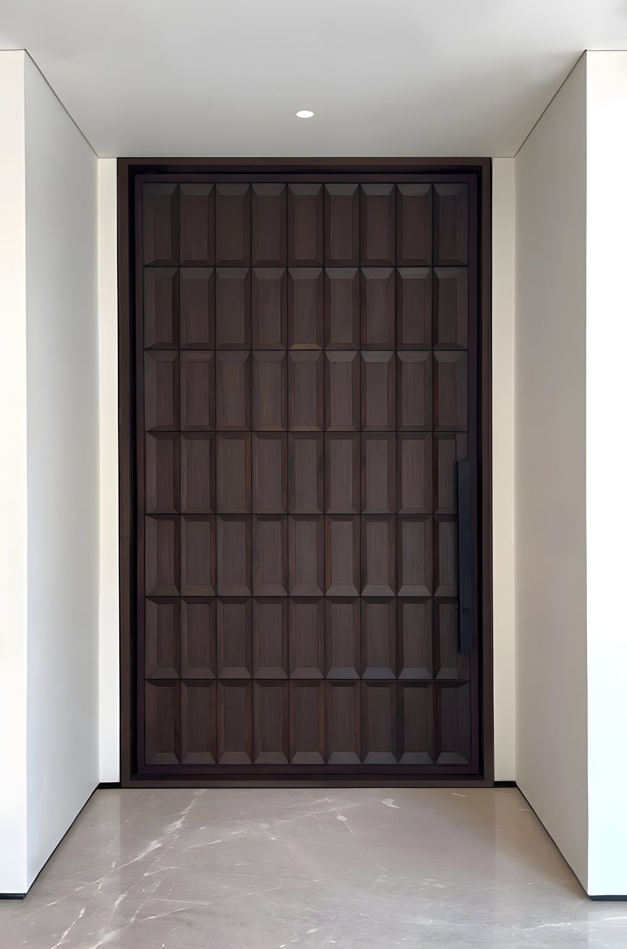 Wooden pivot door in a private home in Bangalore with FritsJurgens System M+ pivot hinge system inside