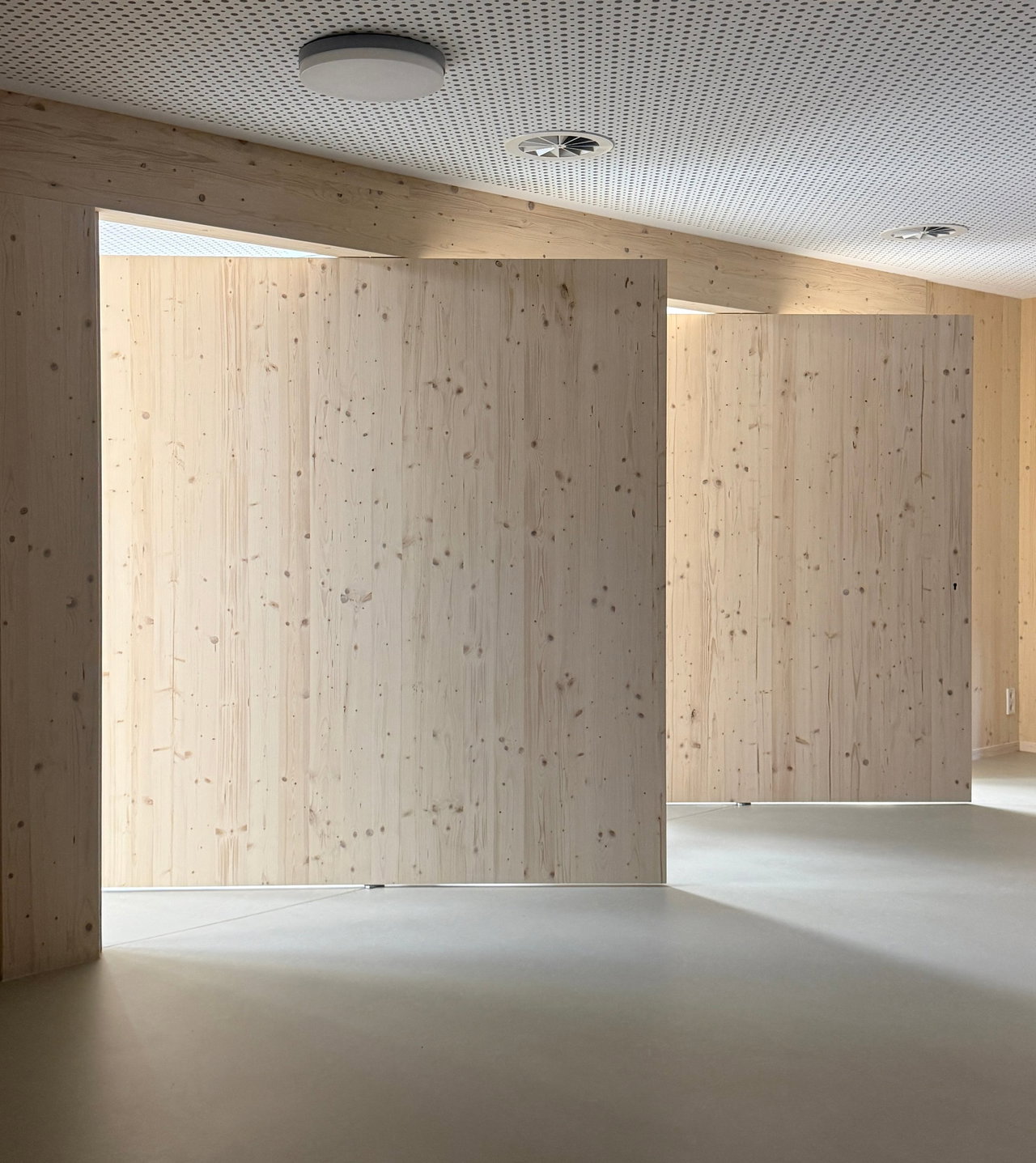 Wooden pivot door in a public building in Lorch with FritsJurgens System M+ pivot hinge system inside