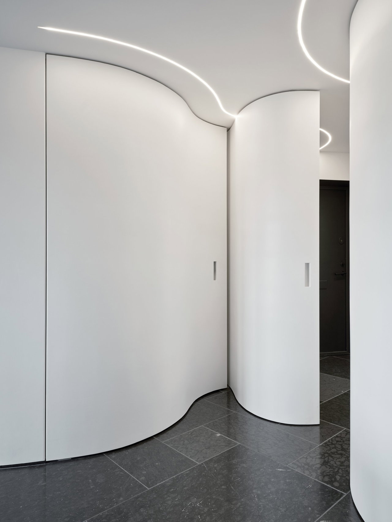 Wooden pivot door in a private home in Stockholm with FritsJurgens System M+ pivot hinge system inside