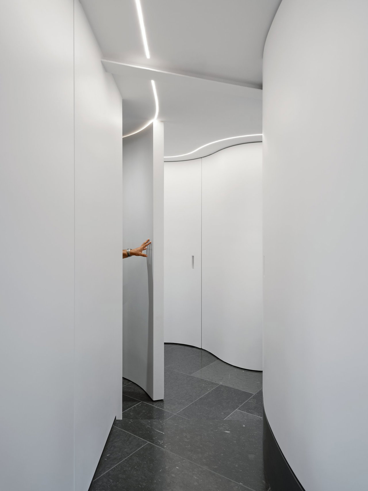 Wooden pivot door in a private home in Stockholm with FritsJurgens System M+ pivot hinge system inside