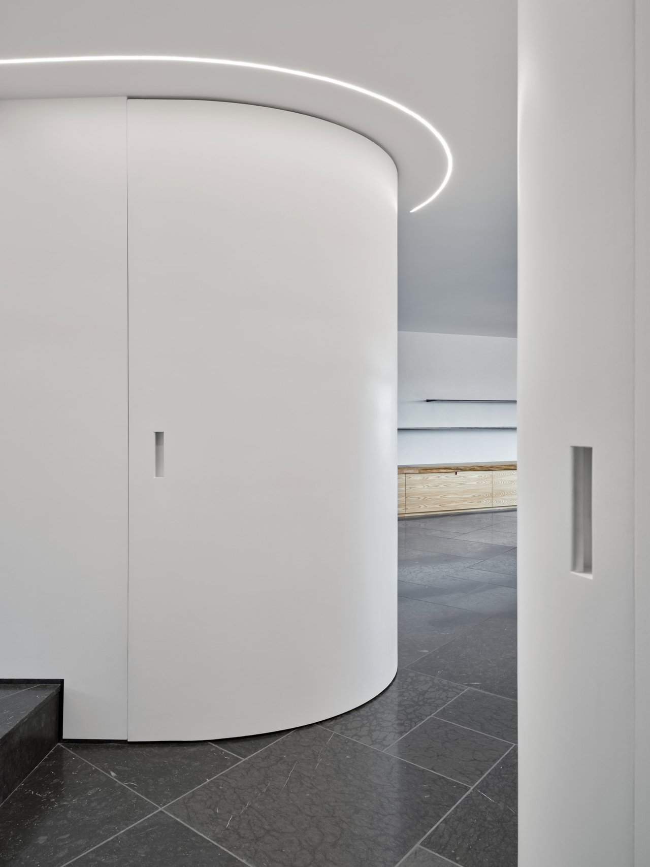 Wooden pivot door in a private home in Stockholm with FritsJurgens System M+ pivot hinge system inside