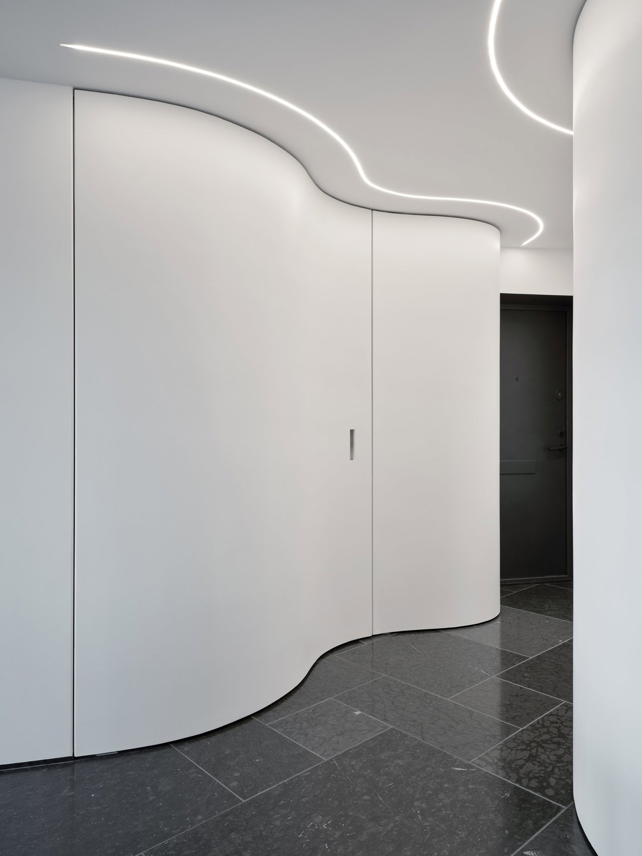 Wooden pivot door in a private home in Stockholm with FritsJurgens System M+ pivot hinge system inside