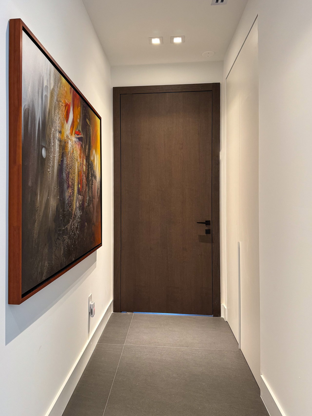 Wooden pivot door in a private home in North Miami Beach with FritsJurgens System One pivot hinge system inside