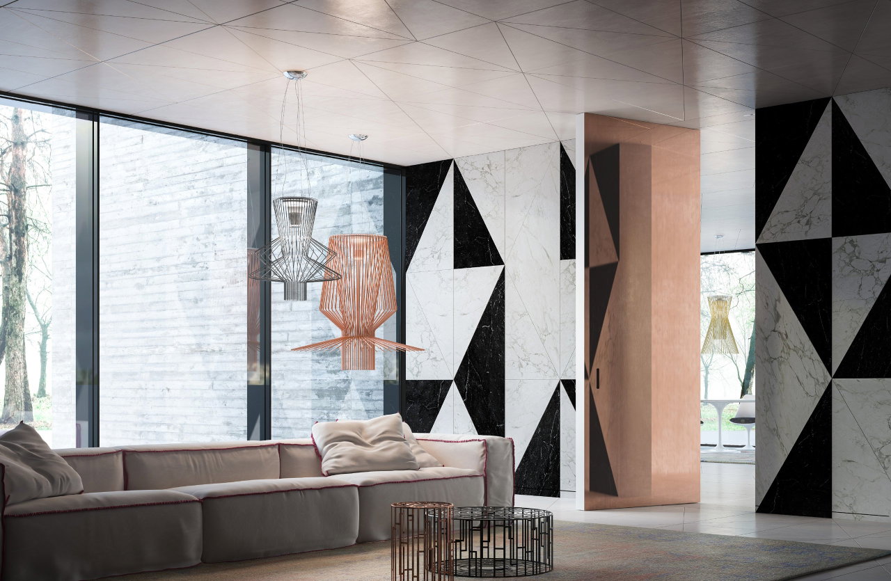 Marble pivot door in a showroom in Milan with FritsJurgens System M pivot hinge system inside