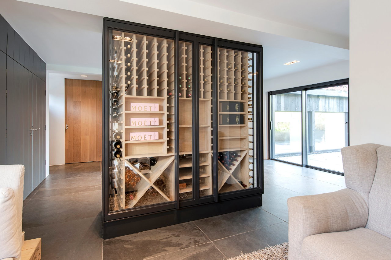 Steel and glass pivot door in a private home with FritsJurgens System M+ pivot hinge system inside