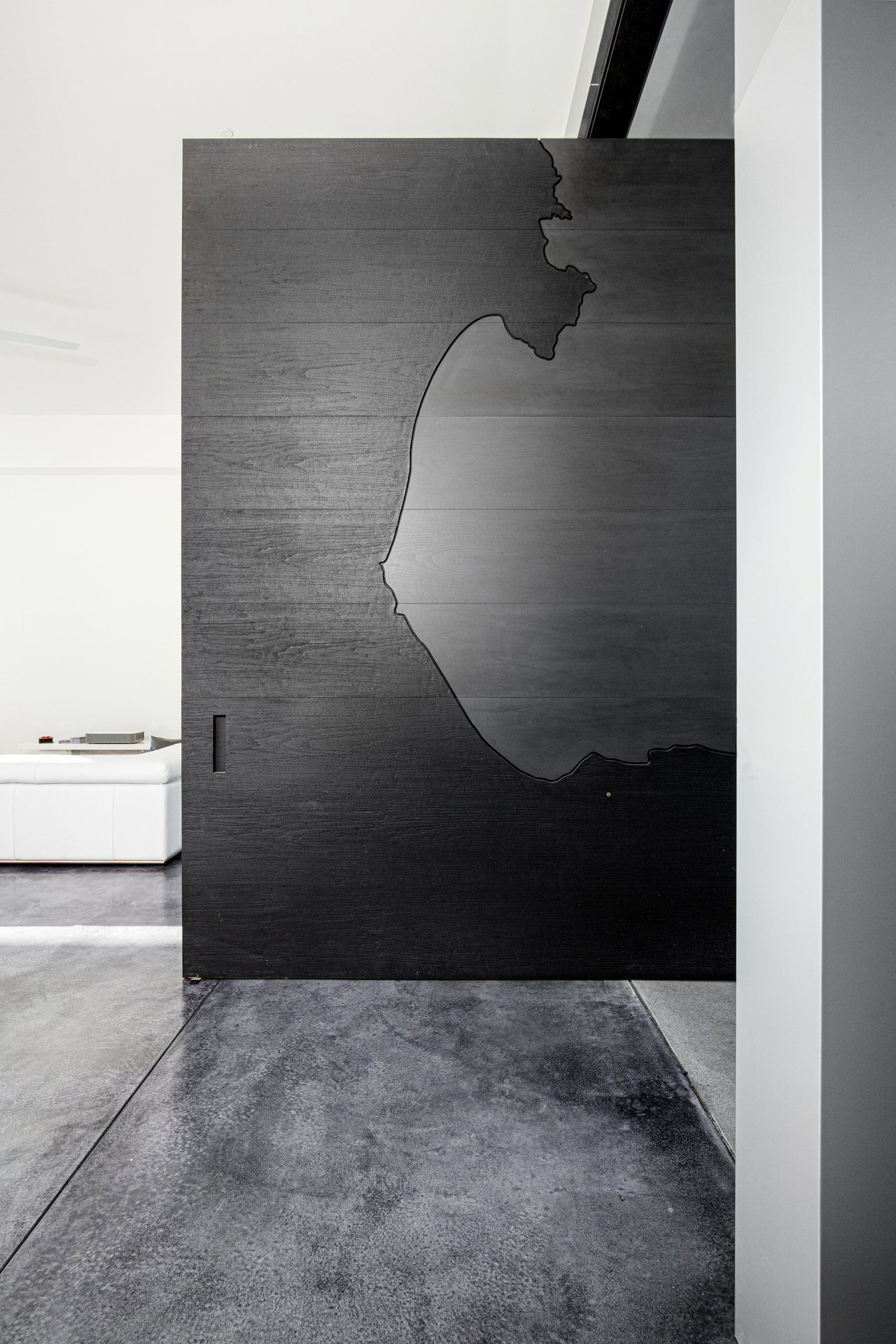 Wooden pivot door in a private home in Santa Cruz with FritsJurgens System M pivot hinge system inside
