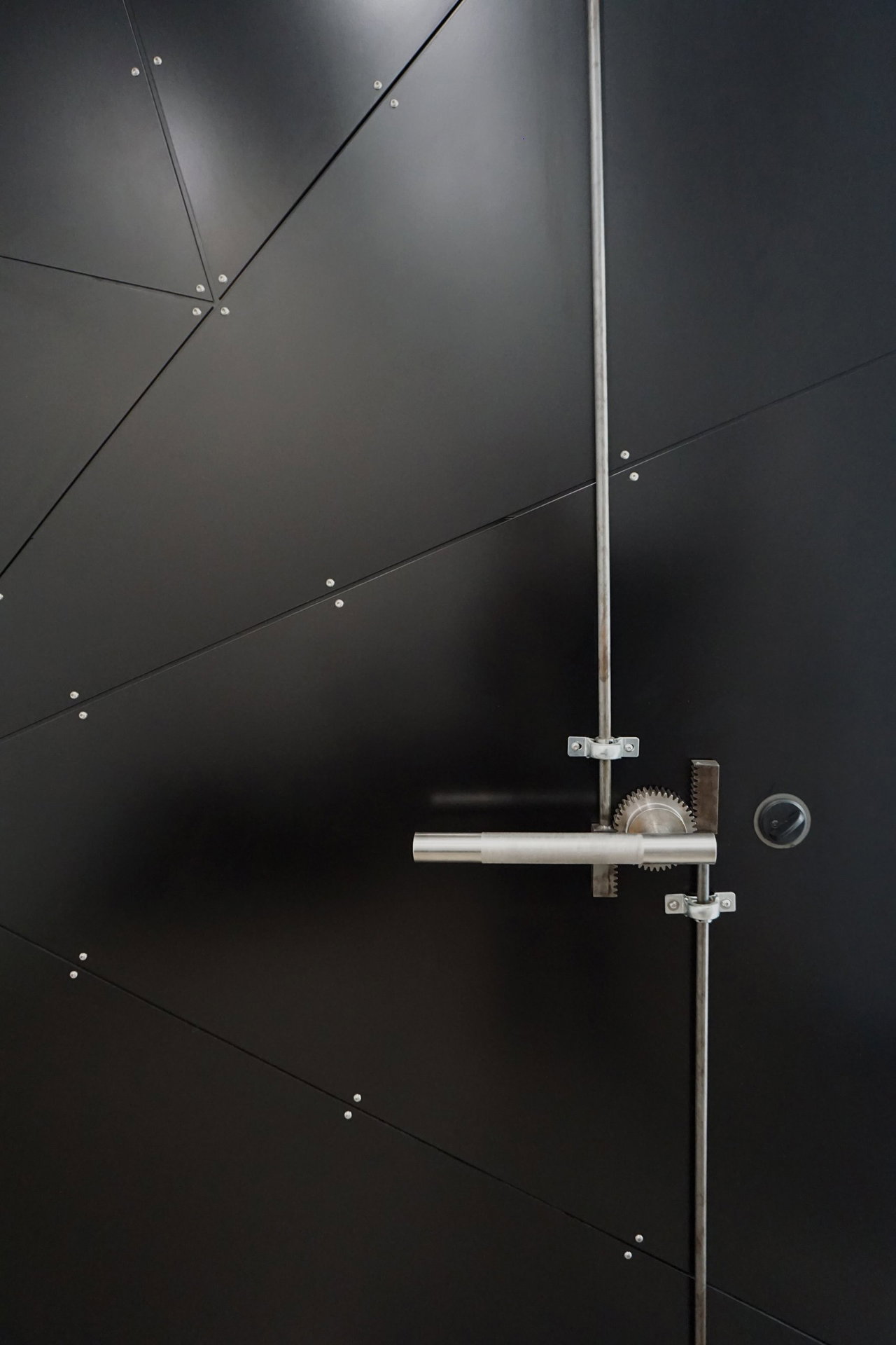 Aluminium pivot door in a private home in San Diego with FritsJurgens System M+ pivot hinge system inside