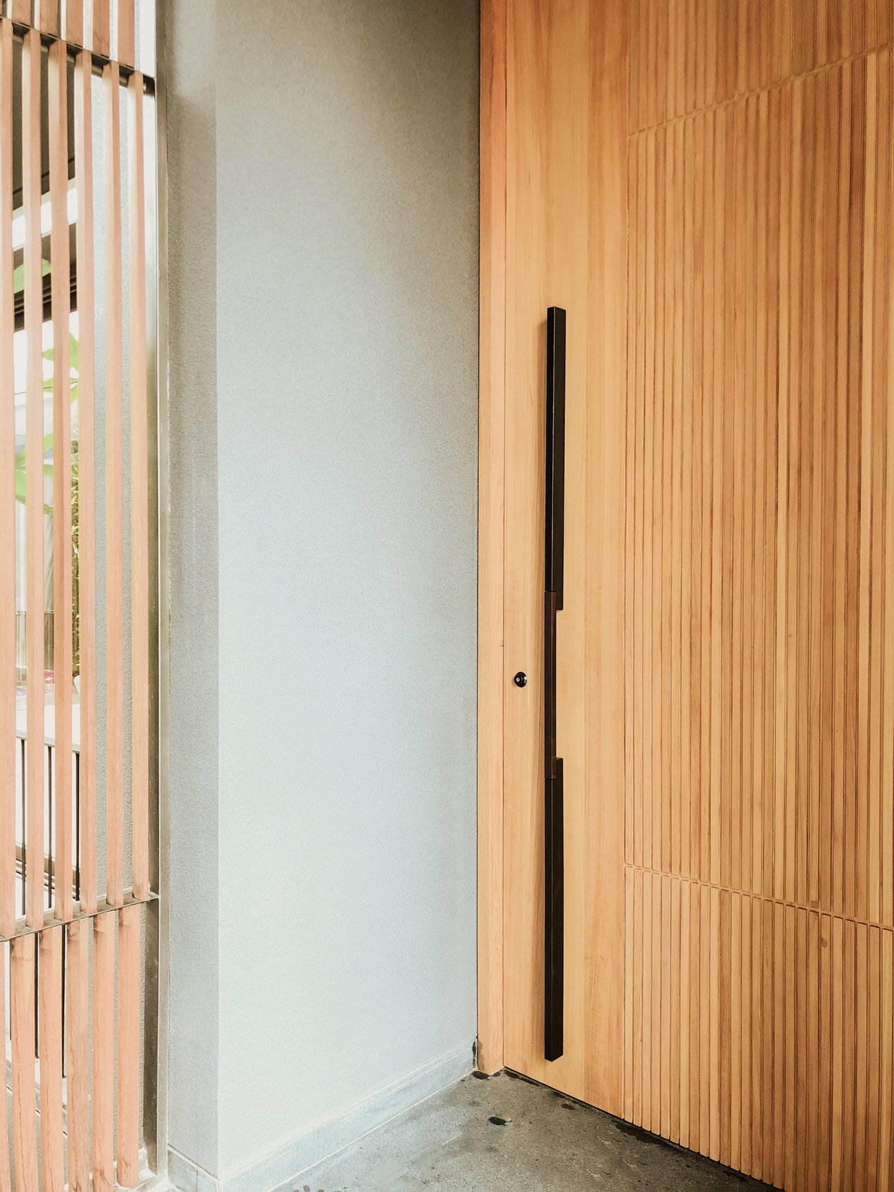 Wooden pivot door in a private home in Jakarta with FritsJurgens System M+ pivot hinge system inside