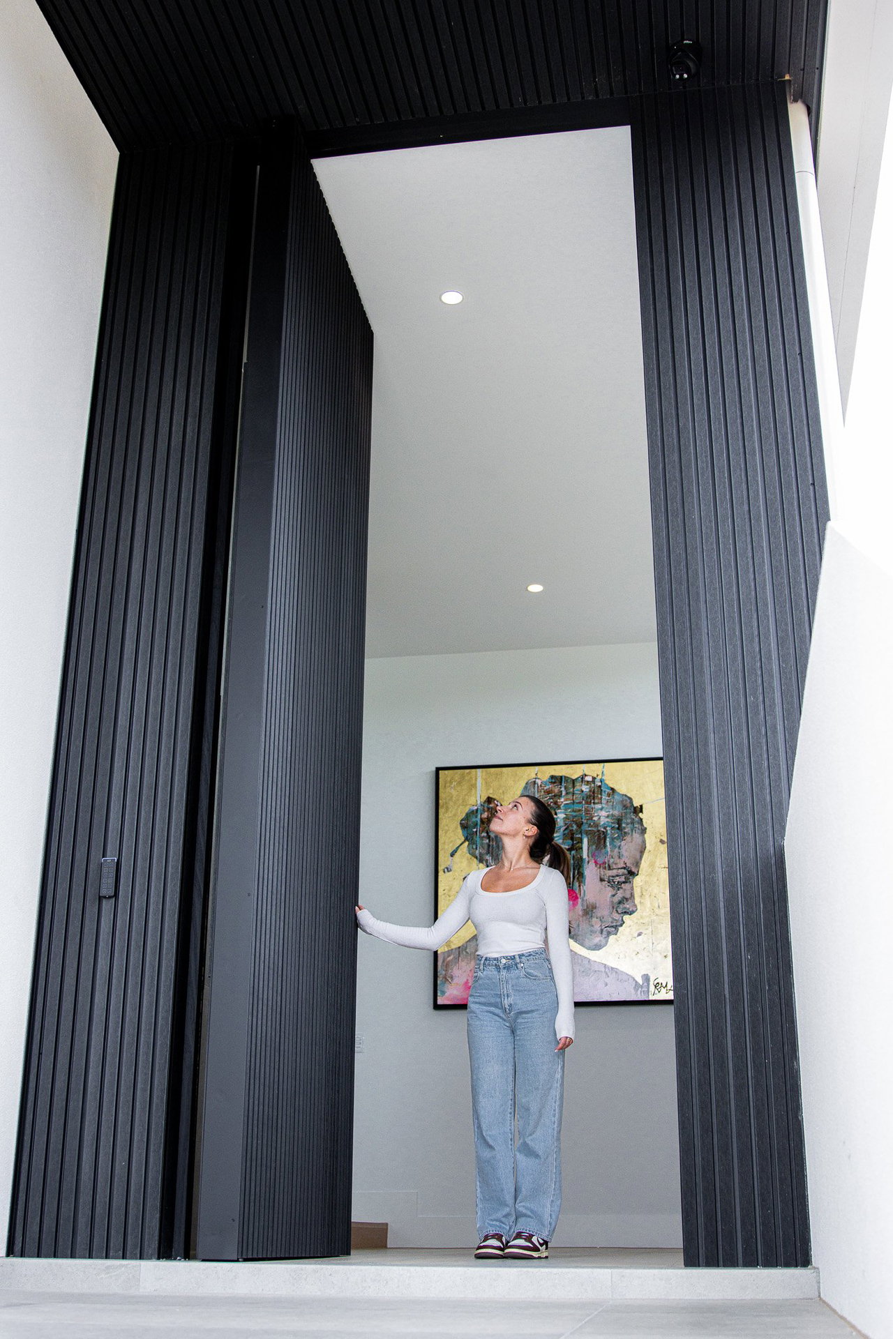 Composite pivot door in a private home in Melbourne with FritsJurgens System M+ pivot hinge system inside