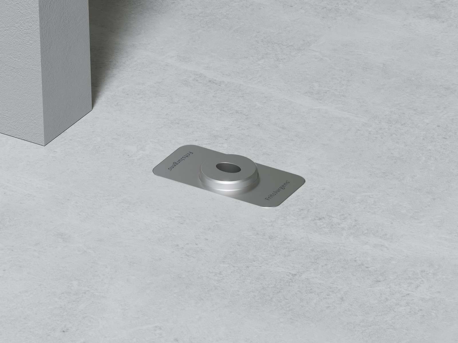 Placa de piso arredondada Flush FritsJurgens para as dobradiças pivotantes System M+, System Fx e System One, montada num piso de betão junto a uma porta pivotante