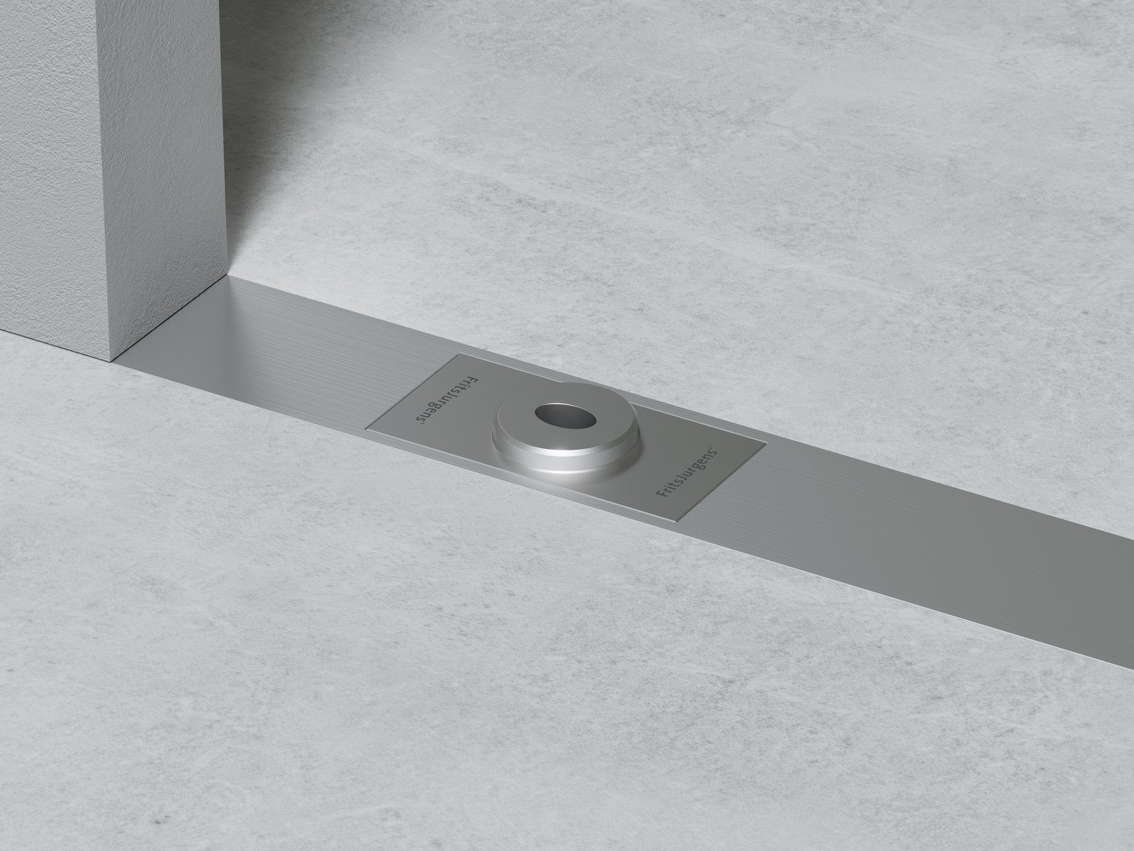 Placa de piso retangular Flush FritsJurgens para as dobradiças pivotantes System M+, System Fx e System One, integrada numa soleira metálica junto a uma porta pivotante