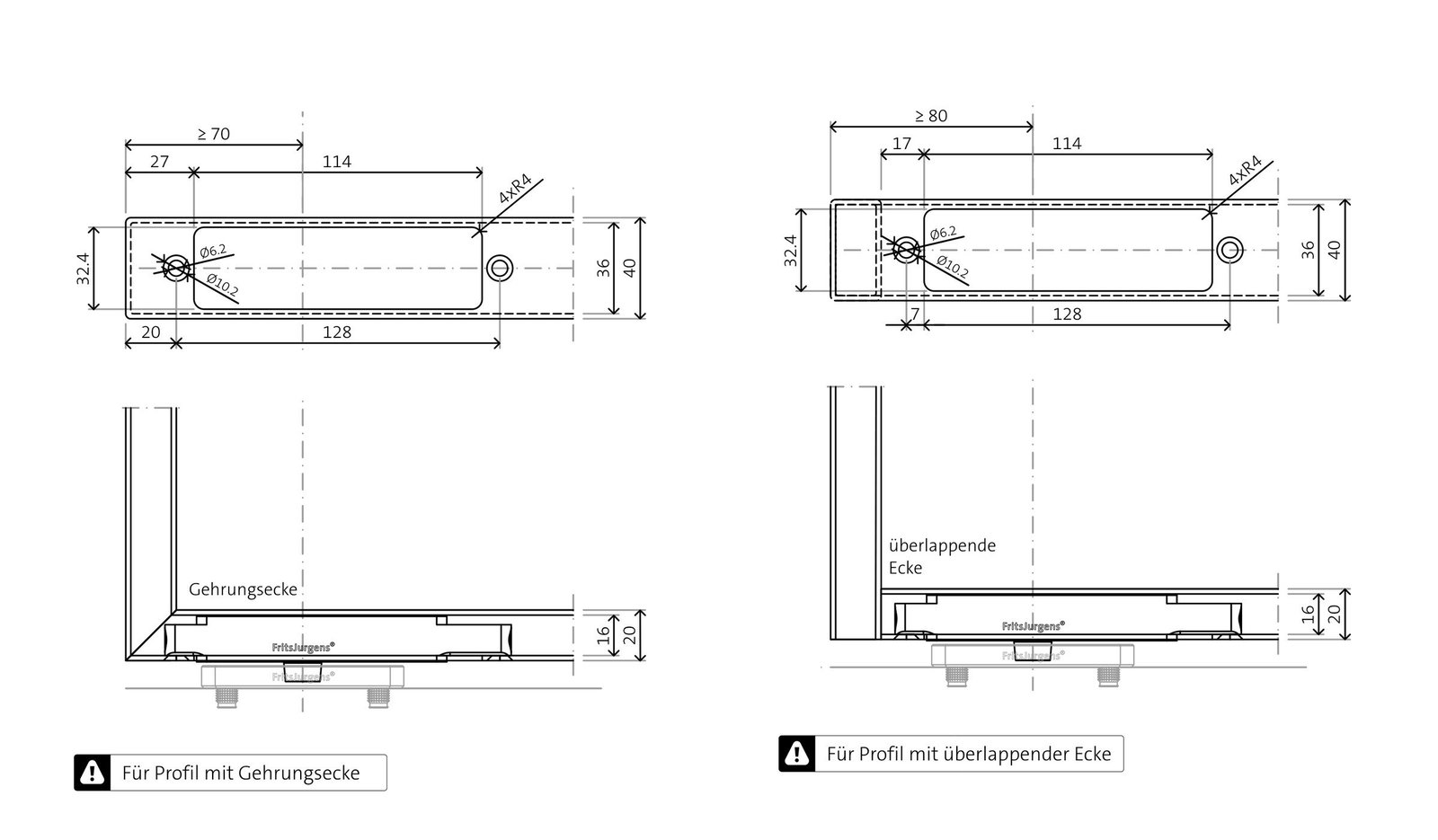 Maßzeichnung der Profilvorbereitung für FritsJurgens System One Slim mit dem Ausschnitt 114 x 32,4 mm, für ein Profil mit Gehrungsecke und für ein Profil mit überlappender Ecke