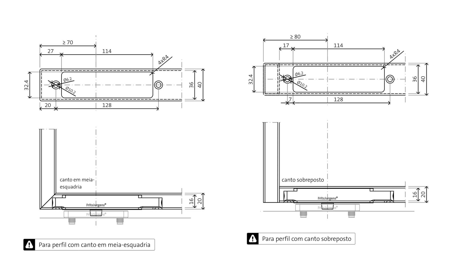 Preparação do perfil para o System One Slim da FritsJurgens: recorte de 114 x 32,4 mm em perfil com canto em meia-esquadria e com canto sobreposto