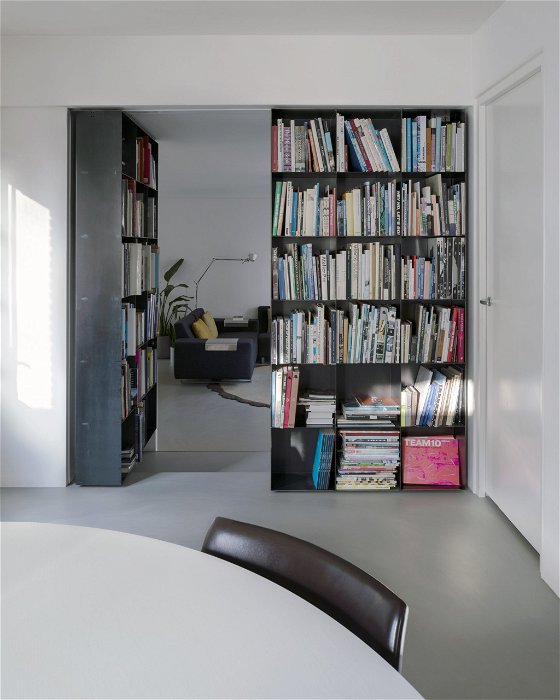 Secret bookcase with FritsJurgens pivot hinge system - left door opened