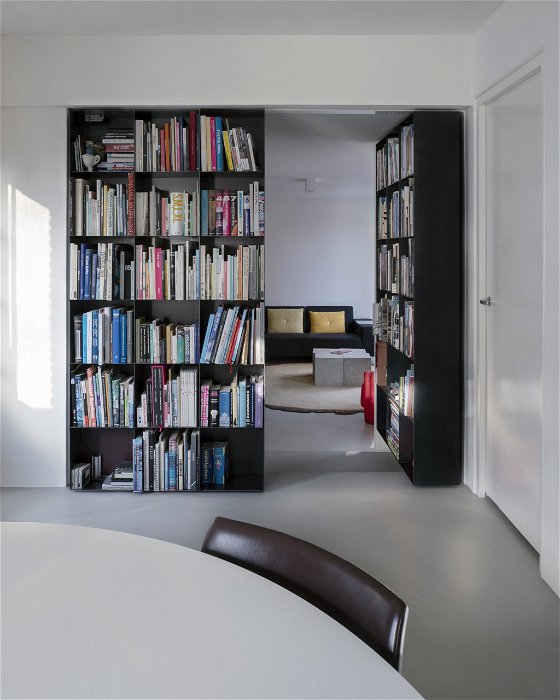 Secret bookcase with FritsJurgens pivot hinge system - right door opened