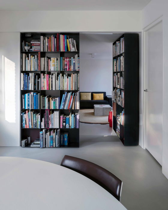 Hidden entrance through oversized doors as bookcases 2 - FritsJurgens pivot hinges Inside