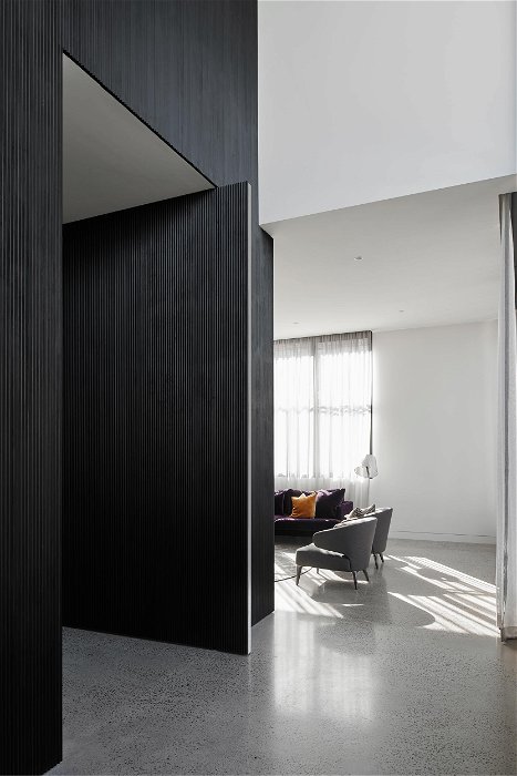 Porta pivotante de madeira preta em sala de estar – Com dobradiça pivotante FritsJurgens